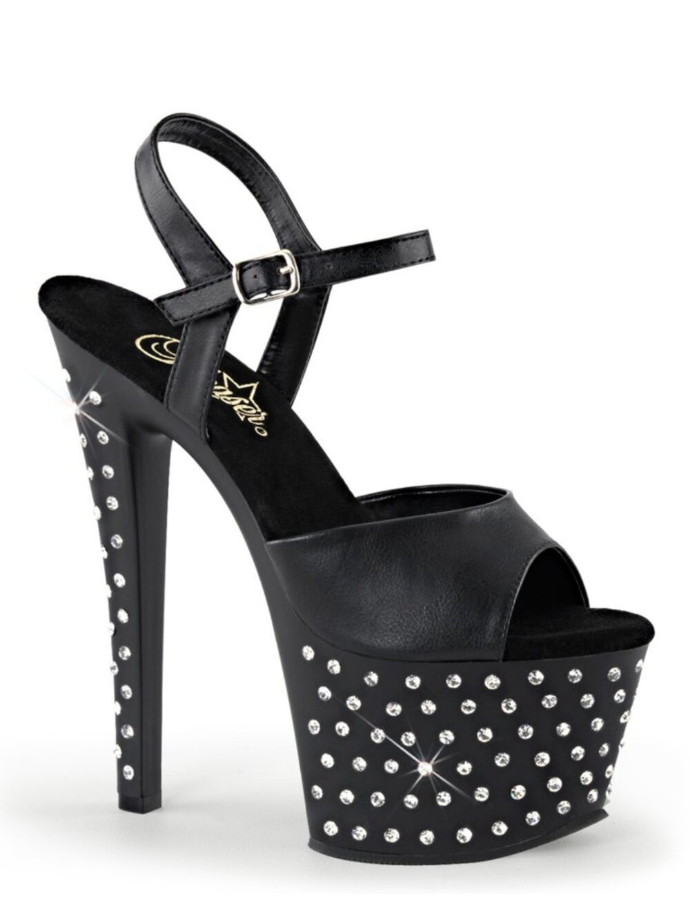 Pleaser Stardust 709 Black Platform Heels Sandals with Rhinestones